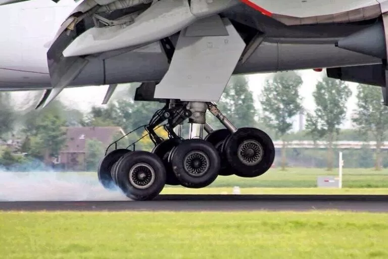 Landing gear of an aircraft immediately after touchdown on a runway